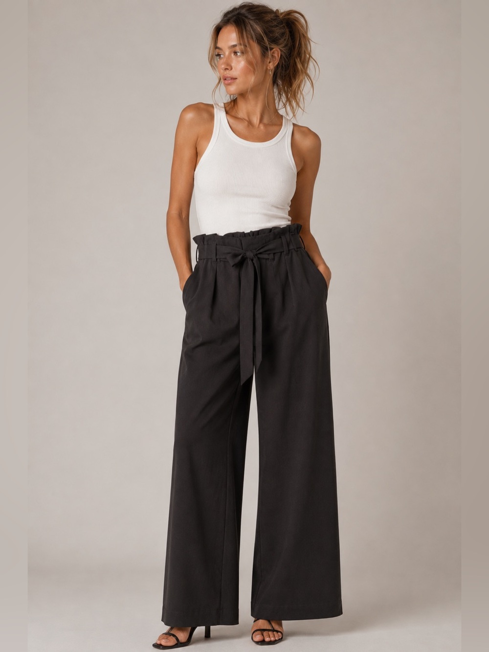 POPSUGAR Black High-Waist Wide Leg Cropped Paperbag Pants with Tie XS